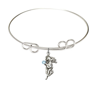 8 inch Round Double Loop Rhodium Bangle Bracelet with a Sterling Silver Guardian Angel charm.