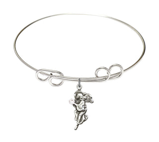8 inch Round Double Loop Rhodium Bangle Bracelet with a Sterling Silver Guardian Angel charm.