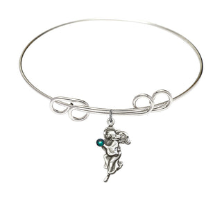 8 inch Round Double Loop Rhodium Bangle Bracelet with a Sterling Silver Guardian Angel charm.
