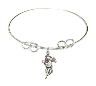8 inch Round Double Loop Rhodium Bangle Bracelet with a Sterling Silver Guardian Angel charm.