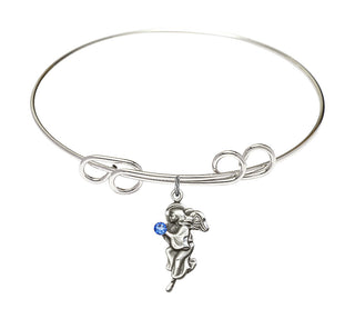 8 inch Round Double Loop Rhodium Bangle Bracelet with a Sterling Silver Guardian Angel charm.