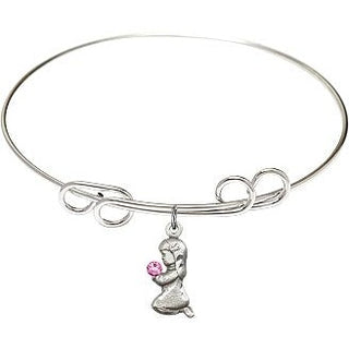 8 inch Round Double Loop Rhodium Bangle Bracelet with a Sterling Silver Praying Girl charm.