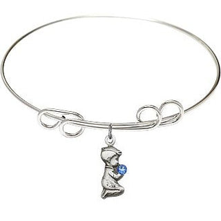 8 inch Round Double Loop Rhodium Bangle Bracelet with a Sterling Silver Praying Boy charm.