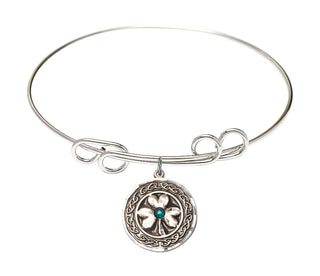 8 inch Round Double Loop Rhodium Bangle Bracelet with a Sterling Silver Shamrock with Celtic Border charm.