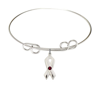 8 inch Round Double Loop Rhodium Bangle Bracelet with a Sterling Silver Cancer Awareness charm.