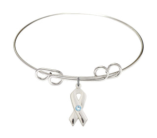 8 inch Round Double Loop Rhodium Bangle Bracelet with a Sterling Silver Cancer Awareness charm.