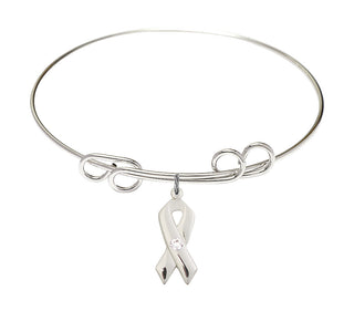 8 inch Round Double Loop Rhodium Bangle Bracelet with a Sterling Silver Cancer Awareness charm.