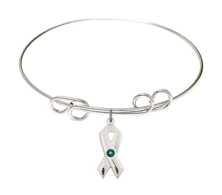 8 inch Round Double Loop Rhodium Bangle Bracelet with a Sterling Silver Cancer Awareness charm.