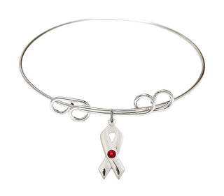 8 inch Round Double Loop Rhodium Bangle Bracelet with a Sterling Silver Cancer Awareness charm.
