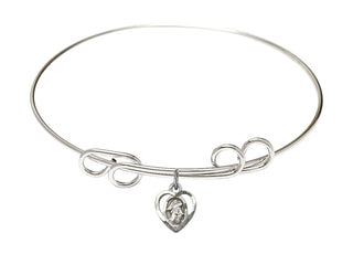 8 inch Round Double Loop Rhodium Bangle Bracelet with a Sterling Silver Guardian Angel charm. Engraved Catholic Saint Jewelry