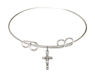 8 inch Round Double Loop Rhodium Bangle Bracelet with a Sterling Silver Crucifix charm.