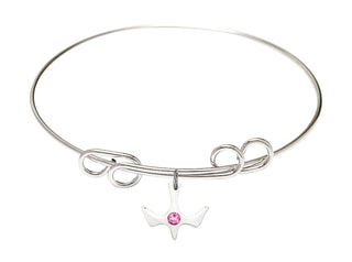 8 inch Round Double Loop Rhodium Bangle Bracelet with a Sterling Silver Holy Spirit charm.