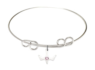 8 inch Round Double Loop Rhodium Bangle Bracelet with a Sterling Silver Holy Spirit charm.