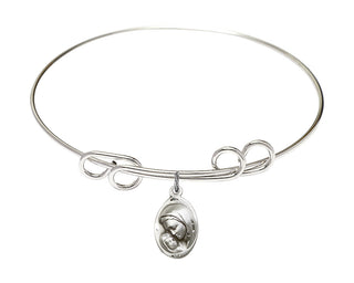 8 inch Round Double Loop Rhodium Bangle Bracelet with a Sterling Silver Madonna & Child charm.