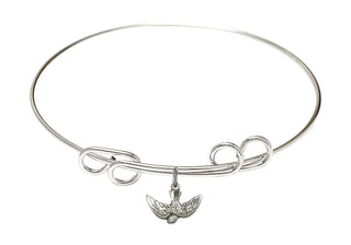 8 inch Round Double Loop Rhodium Bangle Bracelet with a Sterling Silver Holy Spirit charm.