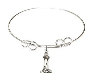 8 inch Round Double Loop Rhodium Bangle Bracelet with a Sterling Silver Lighthouse charm.
