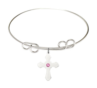 8 inch Round Double Loop Rhodium Bangle Bracelet with a Sterling Silver Cross charm.