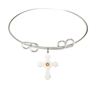 8 inch Round Double Loop Rhodium Bangle Bracelet with a Sterling Silver Cross charm.