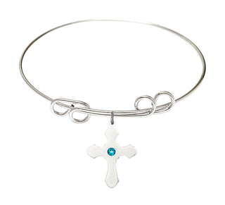 8 inch Round Double Loop Rhodium Bangle Bracelet with a Sterling Silver Cross charm.