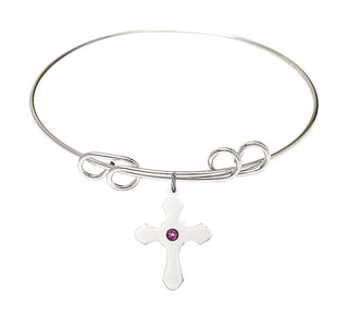 8 inch Round Double Loop Rhodium Bangle Bracelet with a Sterling Silver Cross charm.