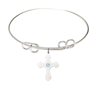 8 inch Round Double Loop Rhodium Bangle Bracelet with a Sterling Silver Cross charm.