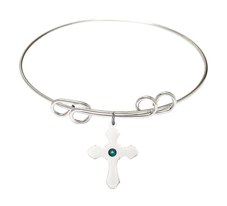 8 inch Round Double Loop Rhodium Bangle Bracelet with a Sterling Silver Cross charm.