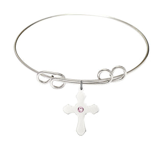8 inch Round Double Loop Rhodium Bangle Bracelet with a Sterling Silver Cross charm.