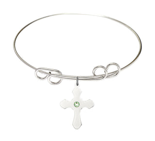 8 inch Round Double Loop Rhodium Bangle Bracelet with a Sterling Silver Cross charm.