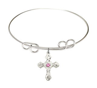 8 inch Round Double Loop Rhodium Bangle Bracelet with a Sterling Silver Cross charm. Engraved Catholic Saint Jewelry