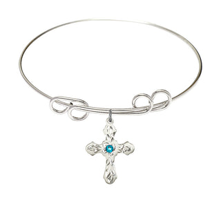 8 inch Round Double Loop Rhodium Bangle Bracelet with a Sterling Silver Cross charm. Engraved Catholic Saint Jewelry