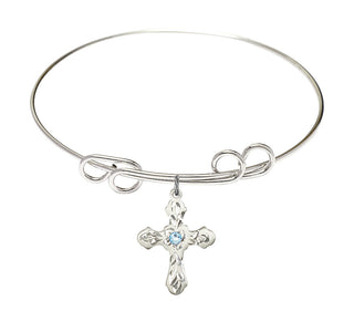 8 inch Round Double Loop Rhodium Bangle Bracelet with a Sterling Silver Cross charm. Engraved Catholic Saint Jewelry