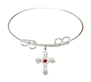 8 inch Round Double Loop Rhodium Bangle Bracelet with a Sterling Silver Cross charm. Engraved Catholic Saint Jewelry