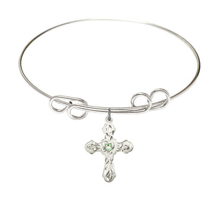 8 inch Round Double Loop Rhodium Bangle Bracelet with a Sterling Silver Cross charm. Engraved Catholic Saint Jewelry