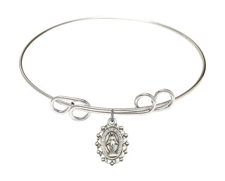 8 inch Round Double Loop Rhodium Bangle Bracelet with a Sterling Silver Miraculous charm.