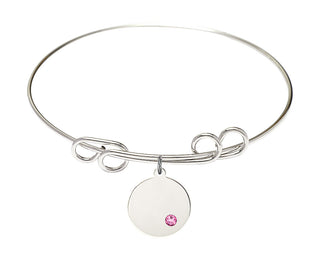 8 inch Round Double Loop Rhodium Bangle Bracelet with a Sterling Silver Plain Disc charm.
