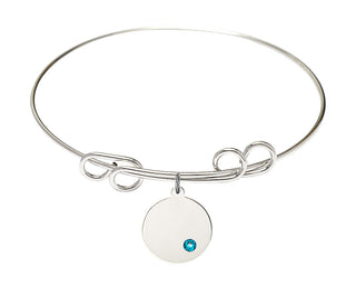 8 inch Round Double Loop Rhodium Bangle Bracelet with a Sterling Silver Plain Disc charm.