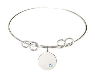 8 inch Round Double Loop Rhodium Bangle Bracelet with a Sterling Silver Plain Disc charm.