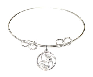 8 inch Round Double Loop Rhodium Bangle Bracelet with a Sterling Silver Madonna and Child charm.