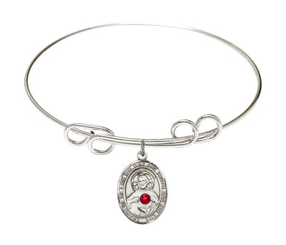 8 inch Round Double Loop Rhodium Bangle Bracelet with a Sterling Silver Scapular charm.