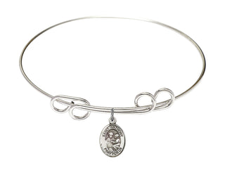 8 inch Round Double Loop Rhodium Bangle Bracelet with a Sterling Silver Saint Anthony of Padua charm. Engraved Catholic Saint Jewelry
