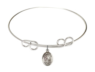 8 inch Round Double Loop Rhodium Bangle Bracelet with a Sterling Silver Saint Charles Borromeo charm. Engraved Catholic Saint Jewelry