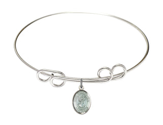 8 inch Round Double Loop Rhodium Bangle Bracelet with a Sterling Silver Saint Christopher charm. Engraved Catholic Saint Jewelry