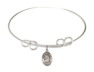 8 inch Round Double Loop Rhodium Bangle Bracelet with a Sterling Silver Saint Christopher charm. Engraved Catholic Saint Jewelry
