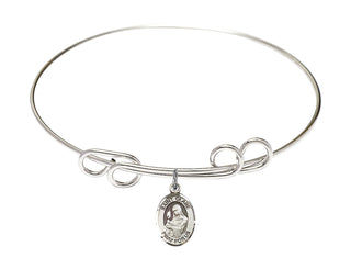 8 inch Round Double Loop Rhodium Bangle Bracelet with a Sterling Silver Saint Clare of Assisi charm. Engraved Catholic Saint Jewelry