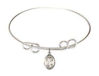 8 inch Round Double Loop Rhodium Bangle Bracelet with a Sterling Silver Saint Elmo charm. Engraved Catholic Saint Jewelry