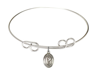 8 inch Round Double Loop Rhodium Bangle Bracelet with a Sterling Silver Saint Florian charm. Engraved Catholic Saint Jewelry