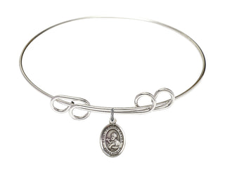 8 inch Round Double Loop Rhodium Bangle Bracelet with a Sterling Silver Saint Francis Xavier charm. Engraved Catholic Saint Jewelry