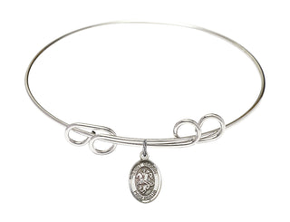 8 inch Round Double Loop Rhodium Bangle Bracelet with a Sterling Silver Saint George charm. Engraved Catholic Saint Jewelry