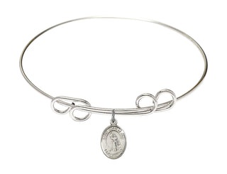 8 inch Round Double Loop Rhodium Bangle Bracelet with a Sterling Silver Saint Joan of Arc charm. Engraved Catholic Saint Jewelry