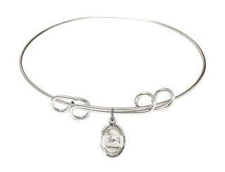 8 inch Round Double Loop Rhodium Bangle Bracelet with a Sterling Silver Saint Joshua charm. Engraved Catholic Saint Jewelry